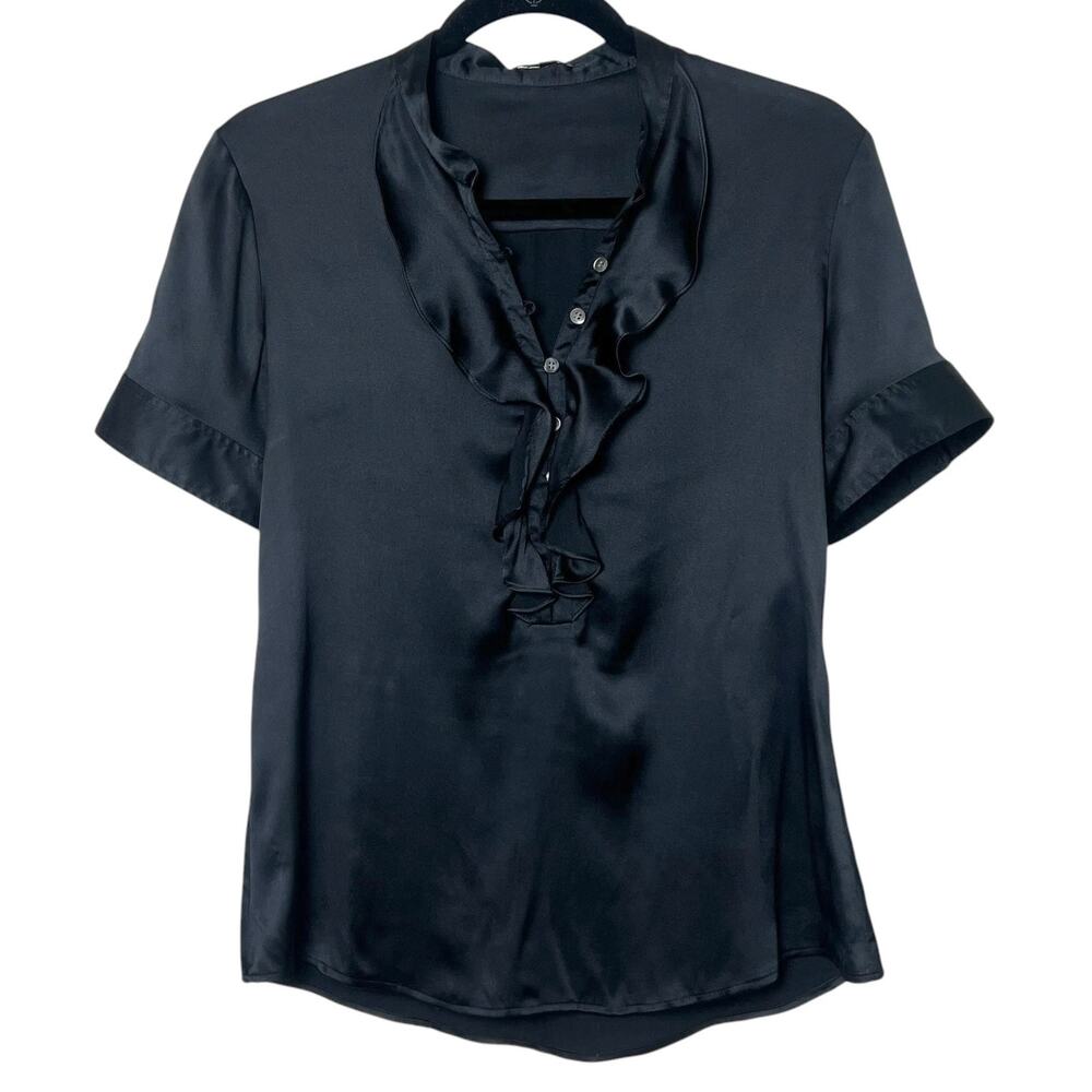 Theory Black Silk Ruffle Top Short Sleeve Blouse Classic Career Size Small